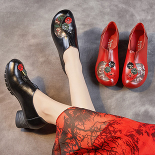 民族风温州女鞋 头层牛皮粗跟软底妈妈鞋 花朵红色 春秋单鞋 2025新款