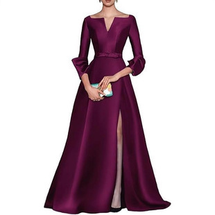 春秋新款新娘的母亲婚礼礼服缎面长款敬酒服宾客礼服女士性感开叉