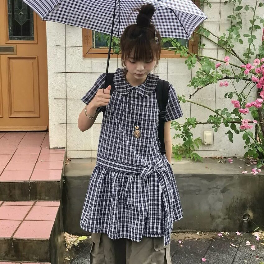 韩系小个子甜美日系学院风龄娃娃领格子蝴蝶结系带连衣裙