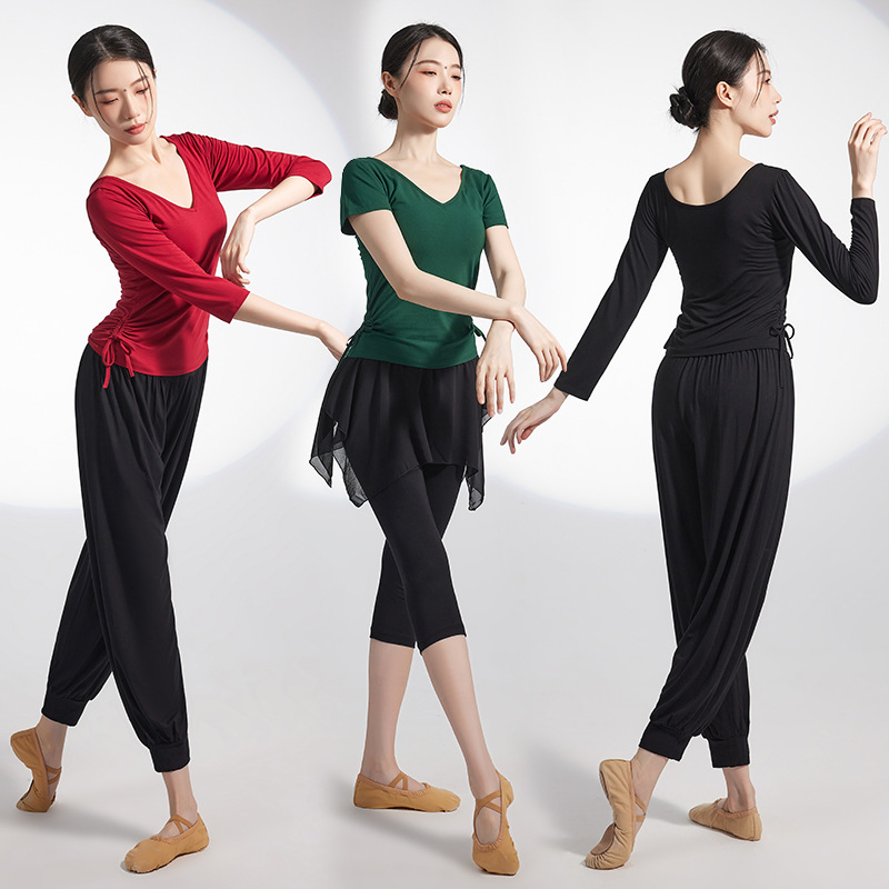 舞蹈服上衣女V领中袖修身显瘦莫尔形体古典现舞练功服跳舞衣