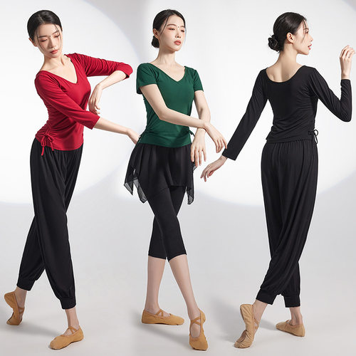 舞蹈服上衣女V领中袖修身显瘦莫尔形体古典现舞练功服跳舞衣