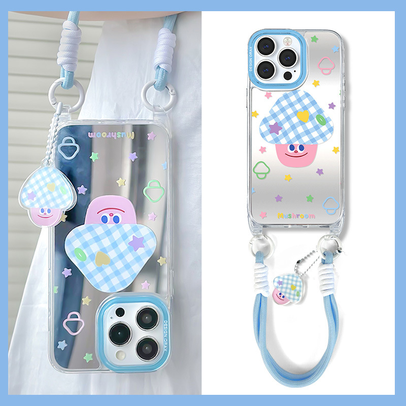 手提短绳苹果小清新蓝格纹镜面