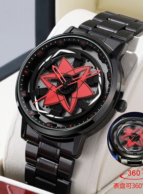 跨境新款手表男士创意防水旋转轮毂手表时尚立体镂空设计石英表