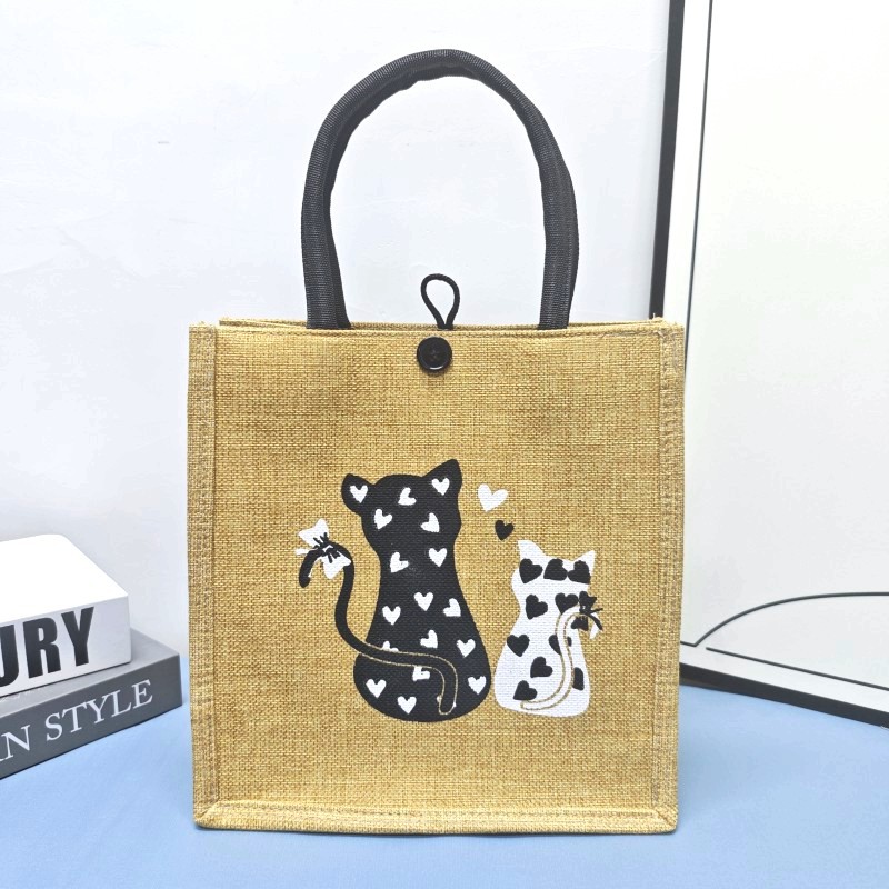 亚麻布包包女手提包小号托特包跨境新款卡通印花麻布手提袋伴手礼