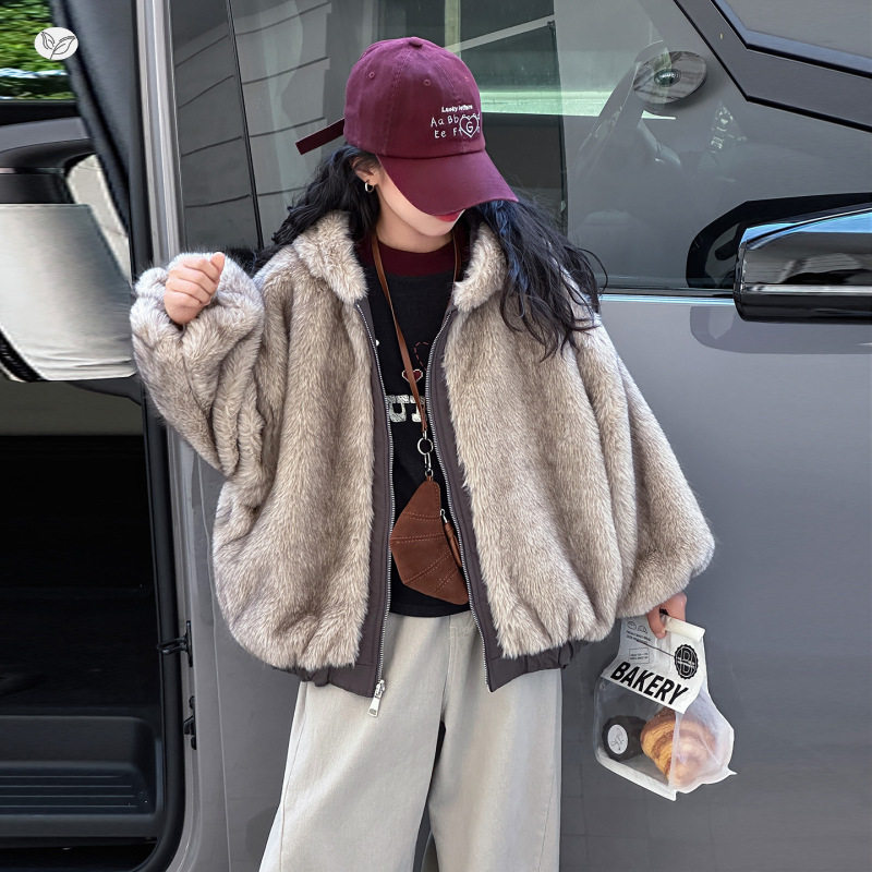 女童2025年冬季新款两面穿加厚皮草外套女大童洋气宽松保暖派克服，童装外套，祺儿童装