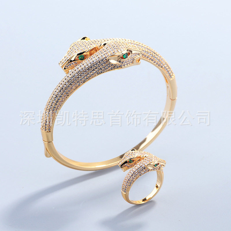 亚金镶锆石双头豹手镯欧美跨境爆款动物女开口戒指手环首饰品