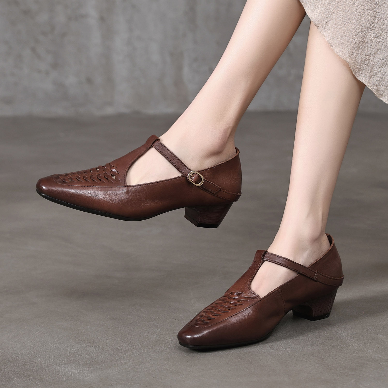 26手工编织真皮玛丽珍鞋头层牛皮单鞋森系中跟鞋轻奢鱼骨鞋女