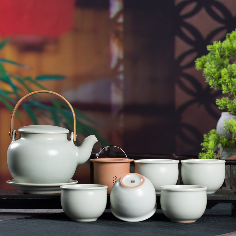 龙泉青瓷功夫茶具一壶五杯家用中式汝窑陶瓷冰裂提梁壶礼盒套装