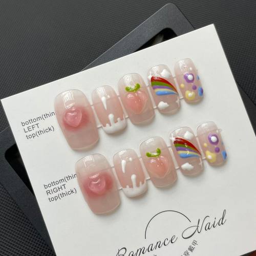 【JAM酱】手绘彩虹桃桃手工穿戴甲成品蓝纯欲风夏美甲贴片指甲贴