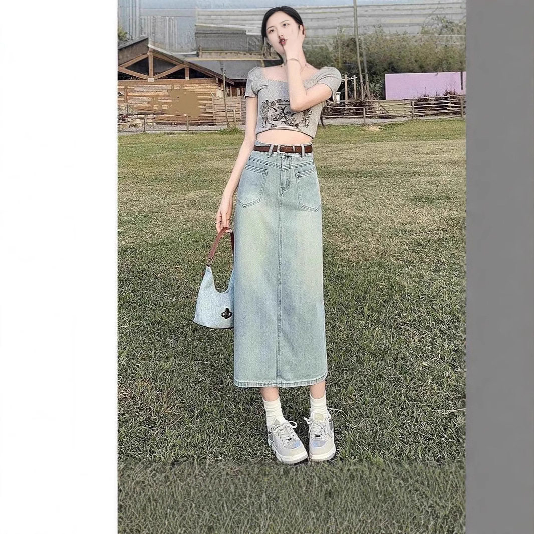 浅蓝前开叉牛仔半身裙女大码胖mm梨形高腰遮胯显瘦中长款直筒长裙