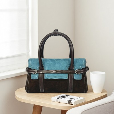 町町手提包复古撞色新款麂皮绒布包包女肩斜挎小方包拼色手提包