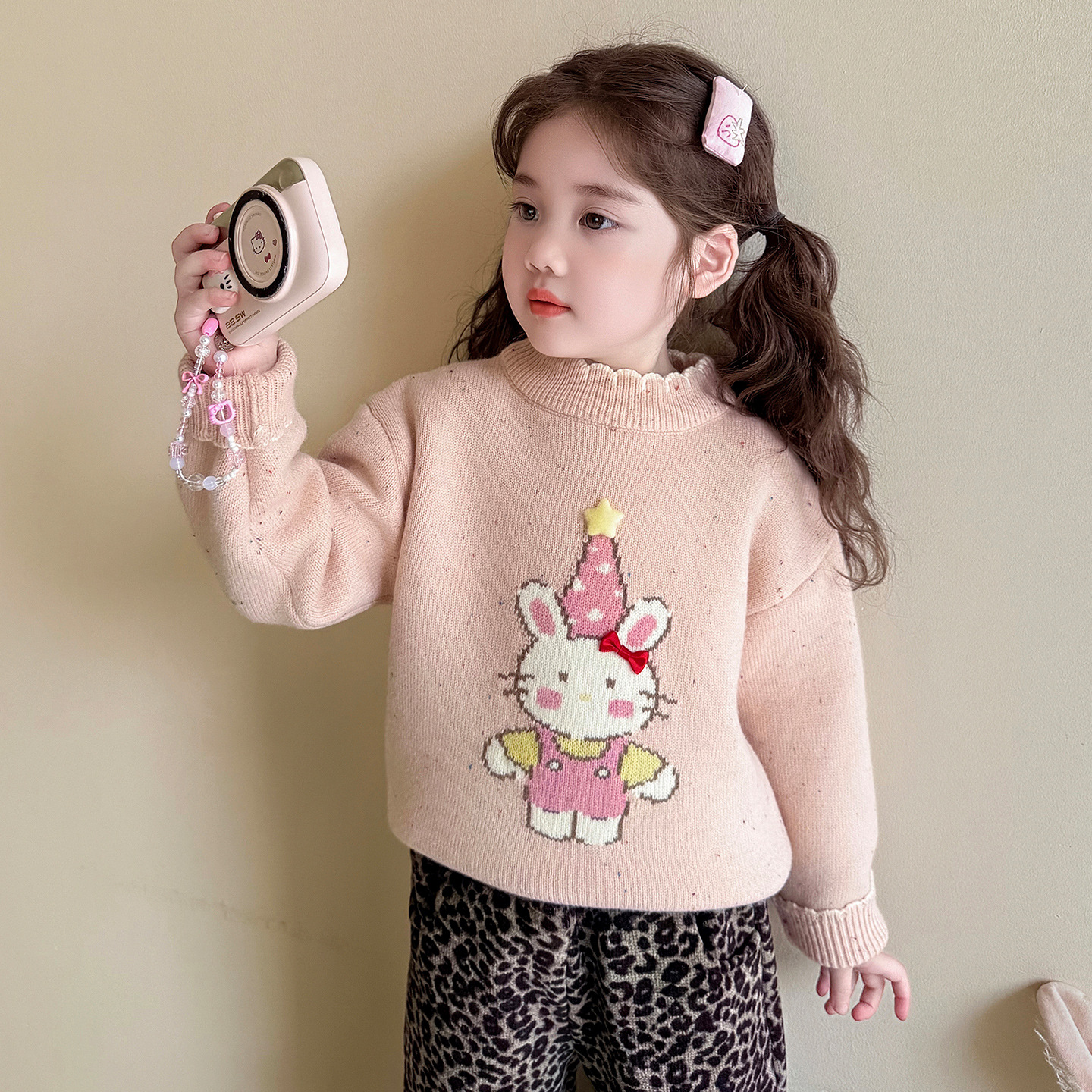 女童毛衣秋冬2025新款儿童洋气冬装女冬季加厚一体绒针织上衣P70，童装毛衣，祺妙童装