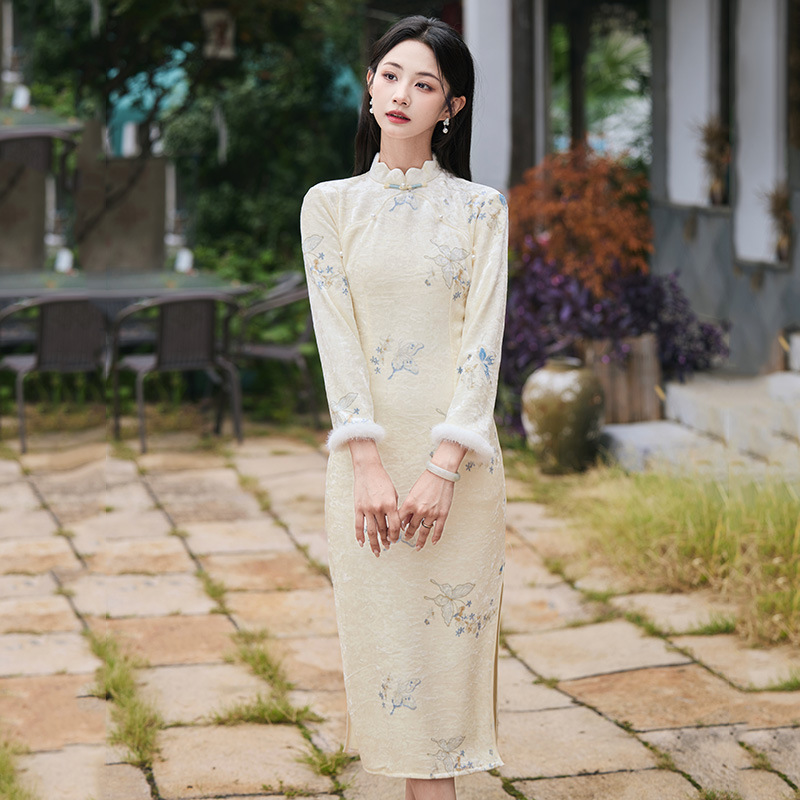 加绒加厚冬装国风新中式长款长袖旗袍改良年轻款女复古修身秋冬季