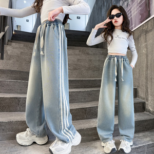 女童蓝色牛仔裤2025秋季儿童复古阔腿裤长裤中大童条纹休闲腰裤，童装裤子，祺儿童装