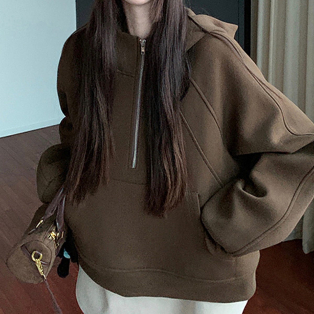 美拉德穿搭时尚半拉链连帽加厚卫衣女2024秋冬季小个子宽松上衣潮