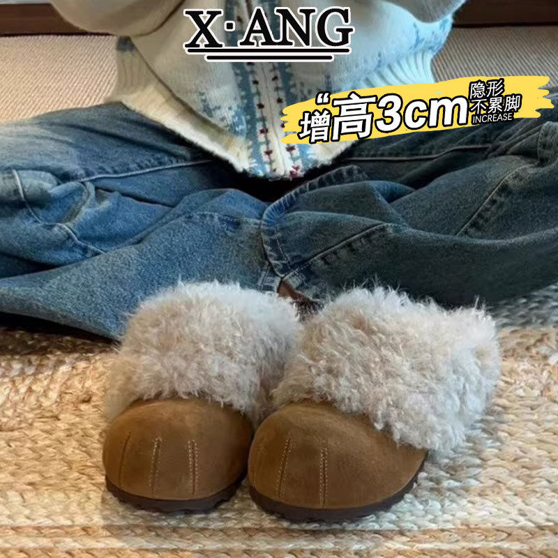 真皮羊毛版内增高勃肯鞋加绒加绒保暖雪地靴女棉鞋厚底毛毛鞋拖鞋