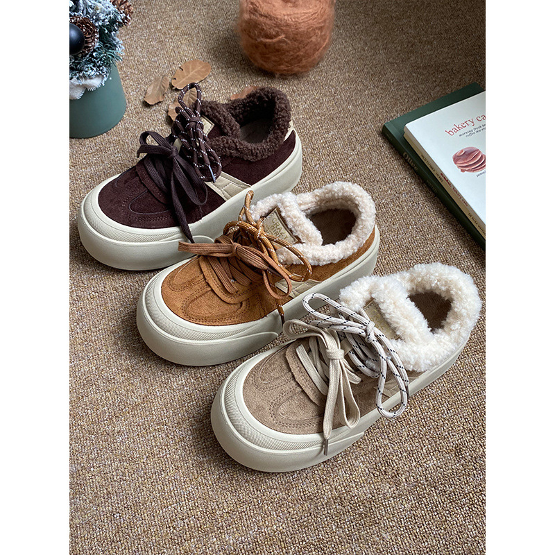 美拉德加绒圆头5cm厚底松糕板鞋2025冬季新款Q学生百搭女鞋