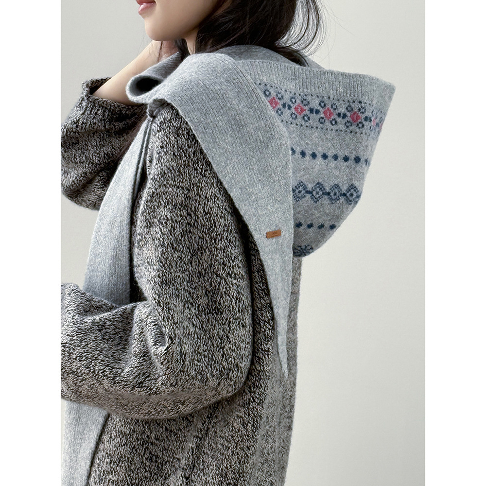 言双 复古慵懒风费尔岛提花一体连帽围巾女 冬季保暖针织帽子