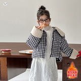 女童棉服外套2025年冬季新款中大童韩系格子棉衣短款面包服大翻领，童装棉衣，祺儿童装
