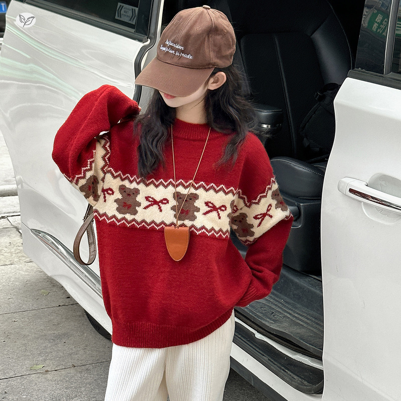 女童加厚毛衣2025年秋冬新款卡通小熊提花针织衫中大童蝴蝶结上衣，童装毛衣，祺儿童装