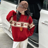 女童加厚毛衣2025年秋冬新款卡通小熊提花针织衫中大童蝴蝶结上衣，童装毛衣，祺儿童装