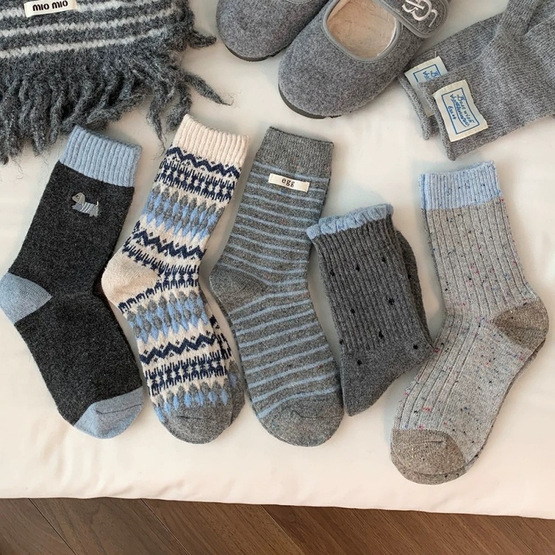 lirose秋冬羊毛袜组合灰色纽扣加厚保暖堆堆袜中筒袜女袜