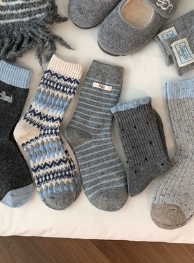 lirose秋冬羊毛袜组合灰色纽扣加厚保暖堆堆袜中筒袜女袜