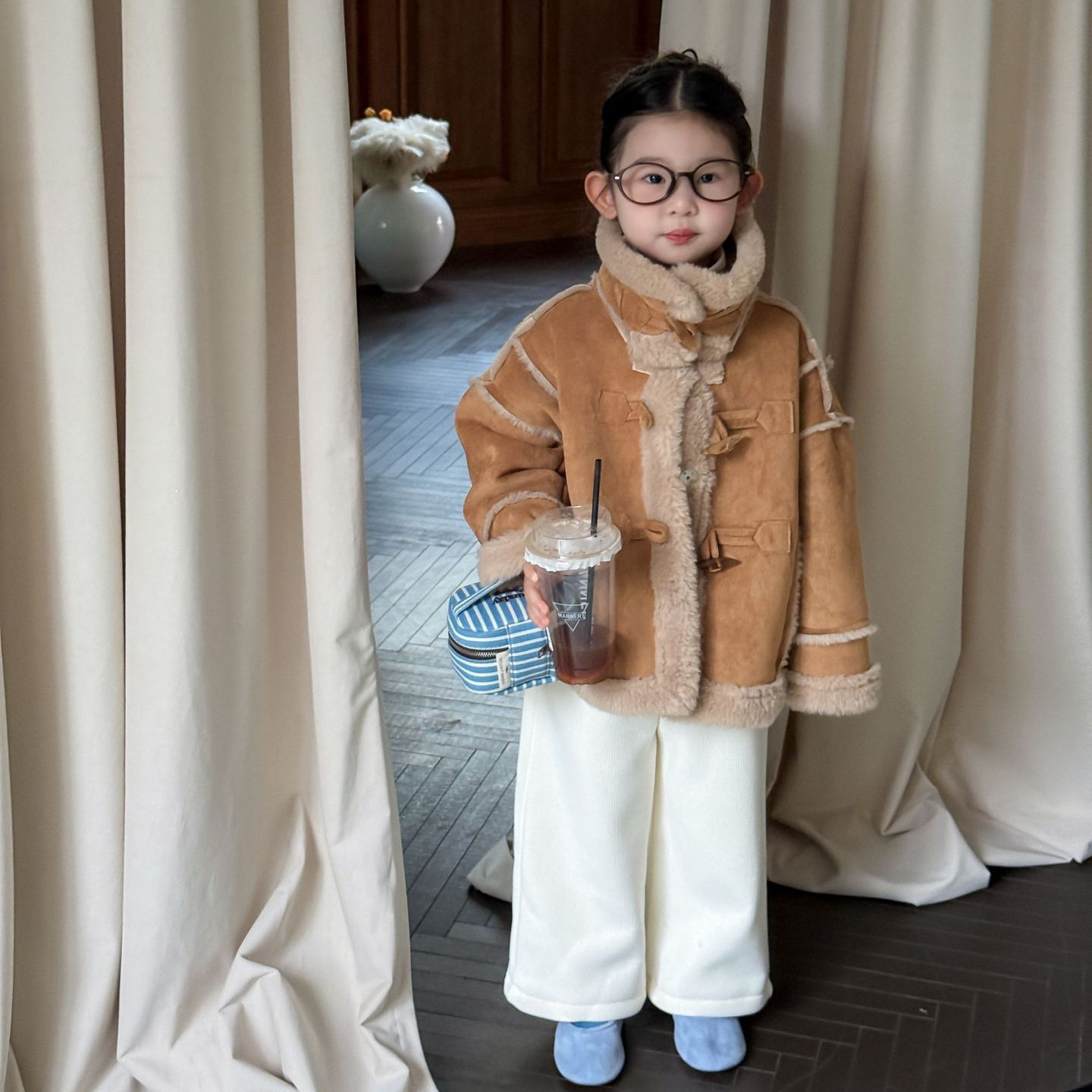 女童软儒立领麂皮复合羊羔毛外套