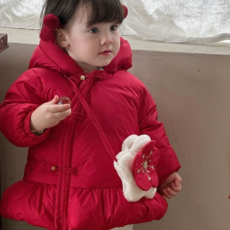 m319冬季棉服婴幼儿圣诞节加厚保暖拜年服红色连帽外出服