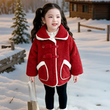 女童呢子外套秋冬款2025新款冬季儿童拜年服女红色加绒呢大衣，童装外套，祺妙童装