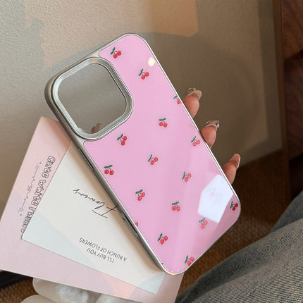 鎏金pink red cherry glass case适用iphone 11 12 13 14 15 16 plus 17 pro max