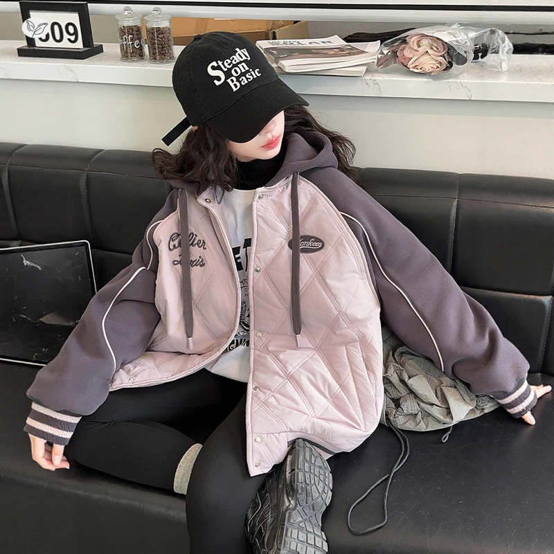 女童外套2025秋装新款儿童夹棉秋款拼色棒球服女孩大童加厚棉服潮，童装外套，祺儿童装