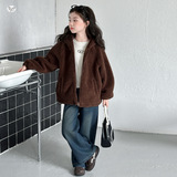 女童2025年冬季新款小熊耳朵毛毛衣女大童可爱毛茸茸加厚软糯外套，童装外套，祺儿童装