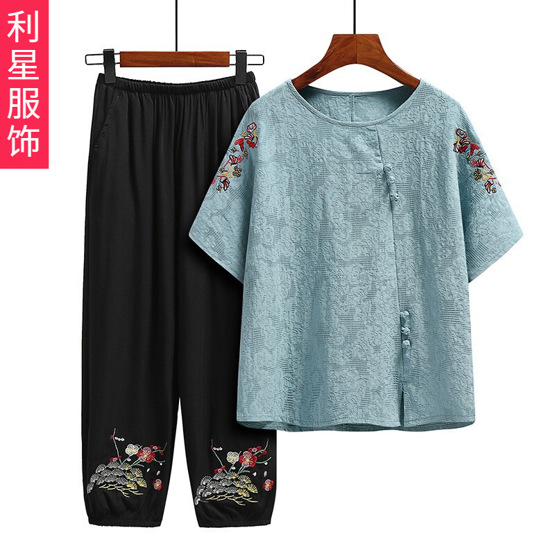 中老年人女装奶奶夏装套装短袖纯棉麻老太太60-70岁妈妈老人衣服