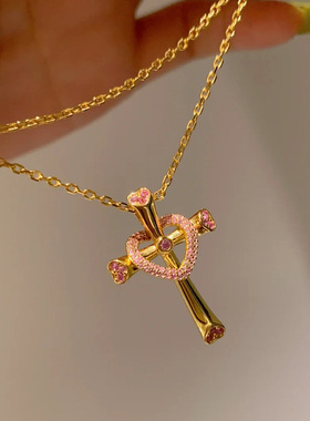 可拆卸多戴法法式复古时尚甜美爱心十字架吊坠项链小众轻奢锁骨链