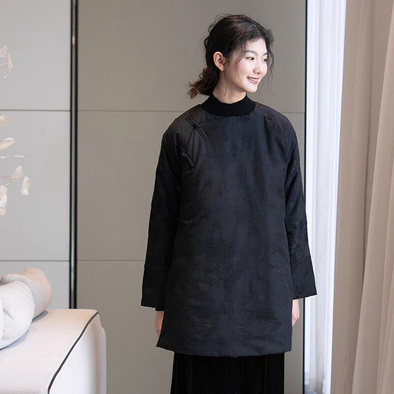 冬款人丝提花梅兰菊新中式斜襟保暖棉衣复古圆领中长宽松女棉衣