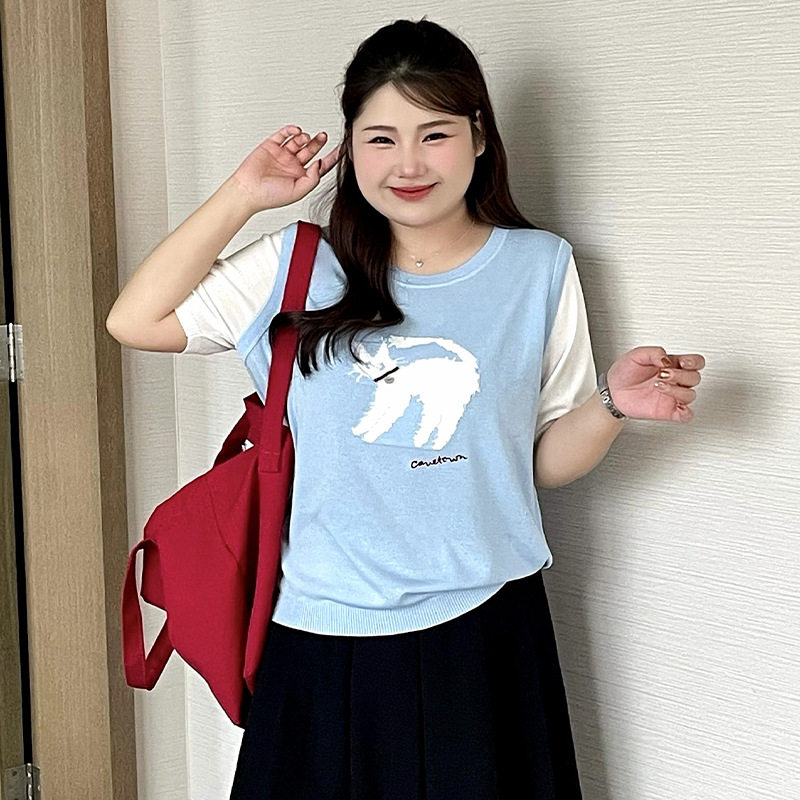 V23819大码短袖T恤女提花猫咪针织衫2026夏胖mm休闲撞色上衣乃粒
