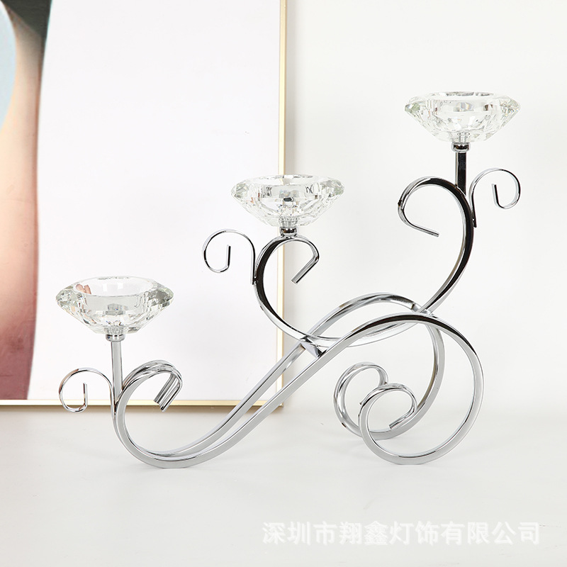 欧式创意三头水晶烛台烛光晚餐婚庆家居摆件电镀金色铁艺烛台摆件