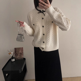 领口亮片蝴蝶结麻花针织开衫女显瘦小香风毛衣外套欧货