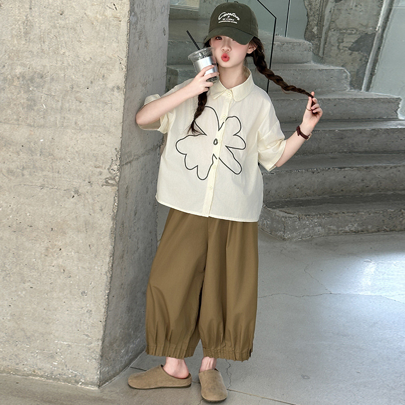 女童夏装衬衫套装2025新款女大童夏季短袖T恤衬衣灯笼裤萝卜裤潮，童装休闲套装，祺儿童装
