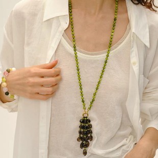 秋冬天然石流苏坠长款 青提串珠项链女小众设计级感闪光石毛衣链