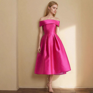 跨境缎面礼服生日派对速卖通舞会一字肩端鸡尾酒聚会名媛礼服裙