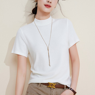 2026春季新款半领打底衫短袖t恤女薄款内搭早春安可拉红中领上衣