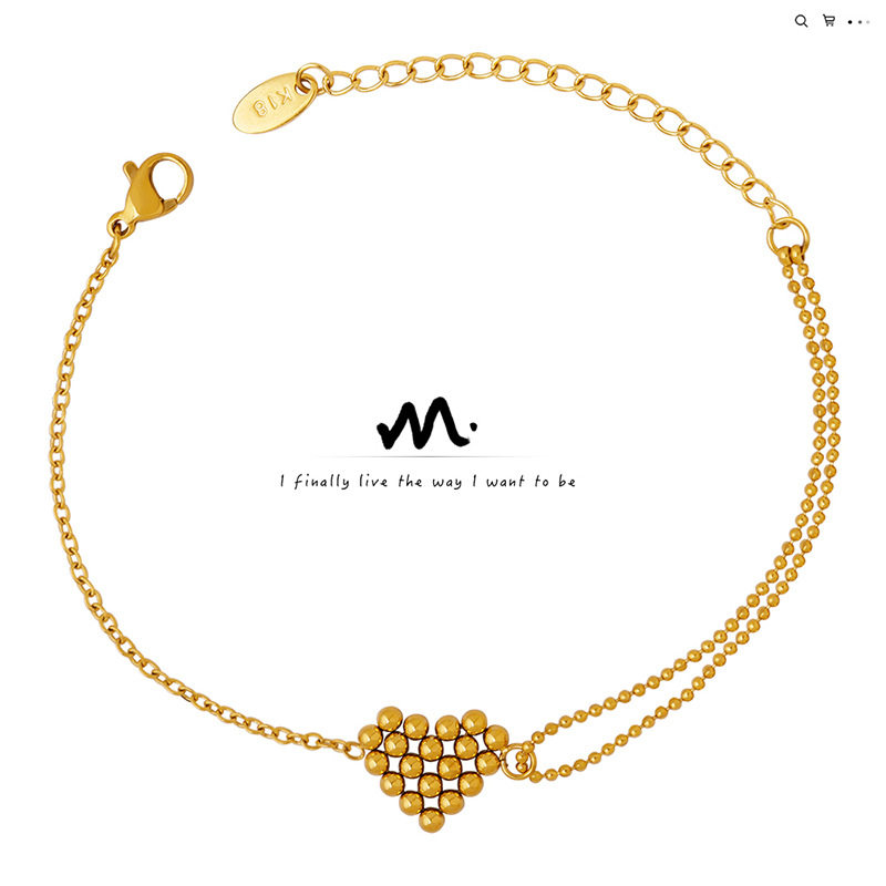 欧美风bracelet双链条钢珠桃心爱心吊坠手链女钛钢18k金手饰 E203