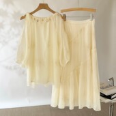 刺绣露肩挂脖衬衫 宽松度假风小衫 半身裙时尚 夏季 上衣 套装 恩迪法式