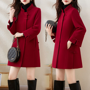 高端优质女士2025秋冬新款毛呢外套新中式盘扣夹棉服气质呢子大衣