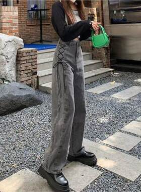 烟灰色绑带牛仔裤女秋季新款韩版学生宽松阔腿百搭直筒设计感裤子