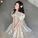 女童夏季泡泡袖连衣裙2025新款儿童韩系波点大蝴蝶结公主裙短袖裙，商品下架区，祺儿童装