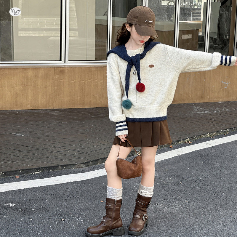 女童2025年春秋新款温柔学院风毛衣女大童袖口条纹甜美针织衫上衣，童装毛衣，祺儿童装