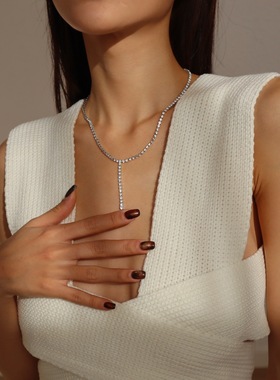 跨境欧美风时尚简约颈链 几何Y型复古满钻项饰个性创意新款项链